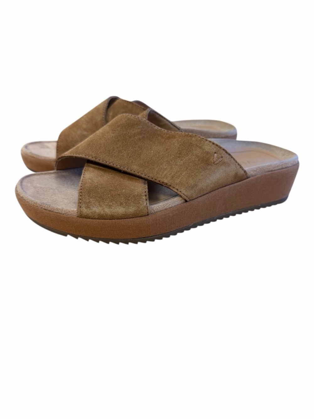Vionic Tan Suede Crisscross Slide Sandals